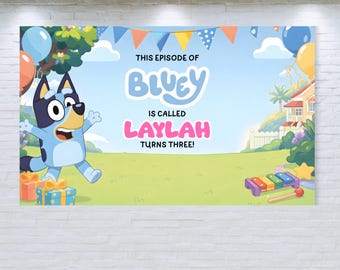 Pancarta de cumpleaños personalizada de perro azul, fondo para fiesta infantil de dibujos animados, temática "Este episodio se llama...", nombre y edad personalizados, descarga digital.