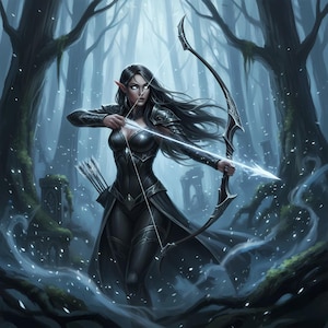 May include: Digital art of an elf archer in a dark forest. The elf, with long black hair and pointed ears, is aiming a glowing arrow with a bow. She wears a black, form-fitting outfit with armor details. The background features a misty forest with tall trees.