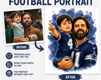 Benutzerdefinierte American Football-Porträt vom Foto, individuelles Vatergeschenk von Kindern, Vatertags-Fußballkunst, Karikaturdruck von Vater und Kind