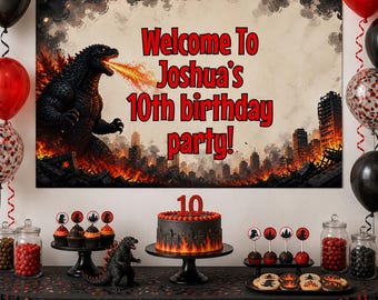 Benutzerdefinierte Godzilla Geburtstagsbanner, personalisierte Feuer Monster Party Kulisse, Kaiju City Theme Geburtstagsschild Benutzerdefinierter Name Digitaler Download