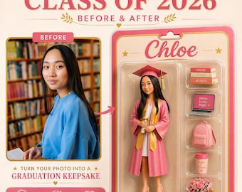 Benutzerdefinierte Abschlussfeier Actionfigur Porträt, Klasse von 2026 Geschenk, personalisierte Spielzeugbox graduierter 3D-Figürchen Stil digitaler Download