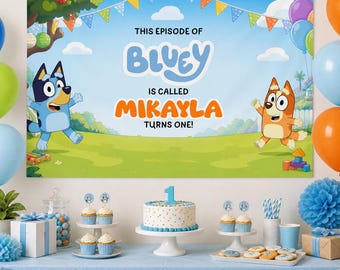 Benutzerdefinierte blaue Hund Geburtstagsbanner, Kinder Cartoon Party Hintergrund, diese Folge heißt Thema, benutzerdefiniertes Alter, digitaler Download