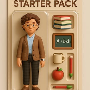 Może przedstawiać: Brązowe plastikowe opakowanie zabawki z tekstem "Starter Pack" i nazwą "Ms. Taylor". Opakowanie zawiera postać nauczyciela z kreskówki, stos książek, tablicę z równaniem "A = b x h", kubek, czerwony ołówek, zielony ołówek i czerwone jabłko.