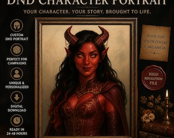 May include: Custom DND character portrait in a wooden frame. The artwork features a red-skinned character with horns, long black hair, and a detailed red outfit. Text includes "Custom DND Character Portrait" and "Your character. Your story. Brought to life."