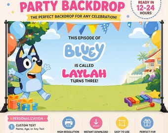 Personalisierte blaue Hund Geburtstagsbanner, Kinder Cartoon Party Hintergrund, diese Folge heißt Thema, benutzerdefiniertes Alter, digitaler Download