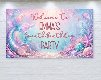 Personalisierte Meerjungfrau Geburtstagsbanner, unter dem Meer Party Hintergrund (Digitaler Download)