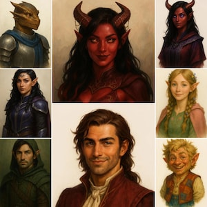 以下が含まれることがあります： ファンタジーキャラクターの肖像画のコレクション。キャラクターには、ドラゴンに似たヒューマノイド、角のある赤い肌の女性、エルフ、男性、ホビットのような生き物が含まれます。肖像画は写実的なスタイルで描かれています。