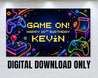 Neon Gaming Geburtstagsbanner, Videospiel Party Hintergrund (Digitaler Download)