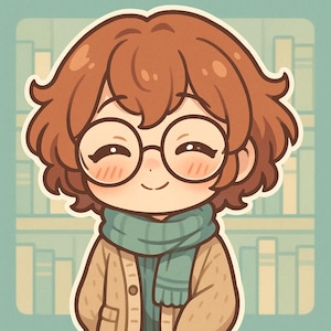 Può includere: Illustrazione di una persona sorridente con capelli castani, occhiali rotondi e una sciarpa turchese. La persona indossa un cardigan beige. Lo sfondo presenta una libreria.