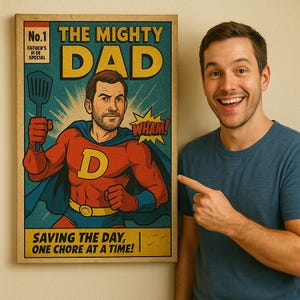 Spersonalizowana okładka komiksu retro z portretem, plakat Super Dad prezent dla męża lub świeżo upieczonego taty, cyfrowa dekoracja do pokoju gier, prezent na dzień ojca