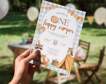 CUSTOM One Happy Camper Geburtstagseinladung, Waldtiere, Canva-Vorlage (druckbar, bearbeitbar)