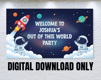 Banner de cumpleaños espacial personalizado, fondo para fiesta de otro mundo, temática de cohetes de astronautas, letrero de cumpleaños infantil con nombre personalizado digital