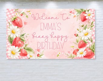 Erdbeer-Geburtstagsbanner, personalisierte Beeren-Happy-Party-Kulisse (digitaler Download)