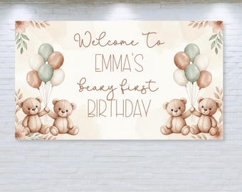 Personalisierte Teddybär ersten Geburtstag Banner, neutrale Kulisse (Digitaler Download)