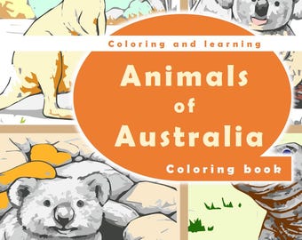 May include: A colouring book titled "Animals of Australia" featuring illustrations of a kangaroo, koala, and other Australian animals. The cover is orange with white text and the words "Coloring and learning".