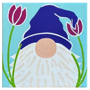 Gnome with Tulips Painting | Colorful Close-Up Gnome Wall Art | Whimsical Spring Gnome Artwork | Unique Home Gnome Decor