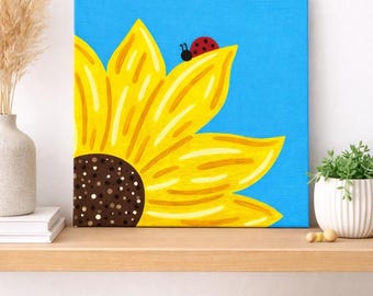 Hand-Painted Ladybug on Sunflower Canvas | Whimsical Floral Art