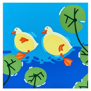 Cute Ducks in a Pond Painting | Vibrant Duck Illustration for Nursery or Kids Room | Minimalist Animal Wall Art | Colorful Nature Home Decor