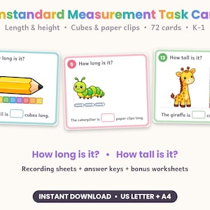 May include: Nonstandard Measurement Task Cards set featuring 72 cards for K-1 students. Includes illustrations of a pencil, caterpillar, and giraffe with questions like How long is it? and How tall is it? with cubes and paper clips as units.