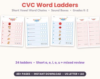 May include: Educational CVC Word Ladders worksheets featuring short vowel word chains and sound boxes for grades K-2. The set includes 24 ladders covering short a, e, i, o, u, and mixed review, totaling 48+ pages for instant download in US Letter and A4 sizes.