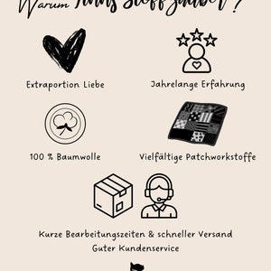 Pu&ograve; includere: Una grafica con il testo "Warum Finns Stoffzauber?" e illustrazioni di un cuore, una persona con stelle sopra la testa, una palla di cotone, una trapunta patchwork, una scatola, una persona con cuffie e un gatto. Il testo sotto le illustrazioni descrive i vantaggi dello shopping presso Finns Stoffzauber, tra cui amore extra, anni di esperienza, 100% cotone, una variet&agrave; di tessuti patchwork, tempi di elaborazione rapidi, ottimo servizio clienti.
