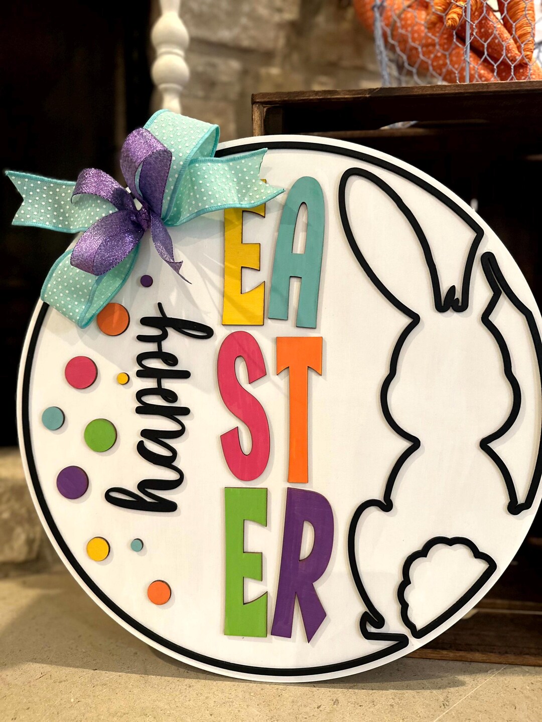 Happy Easter Door Hanger, Colorful Bunny Decor Sign - Etsy