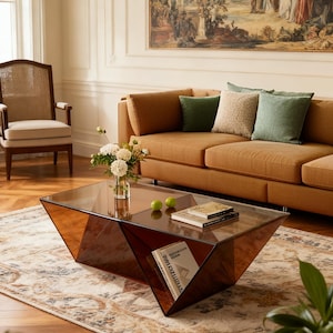 May include: A modern living room featuring a geometric coffee table with a tinted glass top. The table sits on a patterned rug, with a brown sofa and decorative pillows in the background. A vase of flowers and books are on the table.