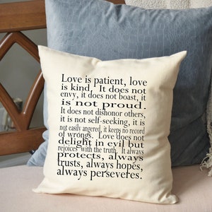 Love pillow, Anniversary gift idea, Religious gift, spritual gift, Wedding gift idea, Corinthians // Love is patient, Love is kind// Pillow Cream