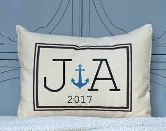 Anniversary gift,  Anchor pillow, wedding gift, Cotton anniversary, 2nd Anniversary, decorative pillow, Nautical gift, Couples, monogram