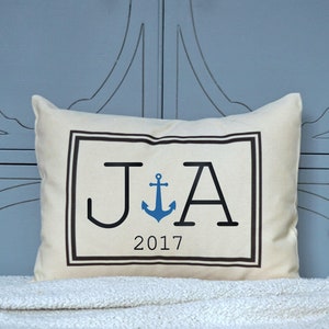 Anniversary gift, Anchor pillow, wedding gift, Cotton anniversary, 2nd Anniversary, decorative pillow, Nautical gift, Couples, monogram Cream