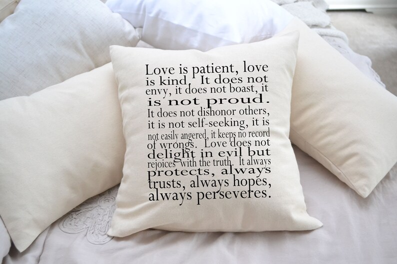 Love pillow, Anniversary gift idea, Religious gift, spritual gift, Wedding gift idea, Corinthians // Love is patient, Love is kind// Pillow image 9