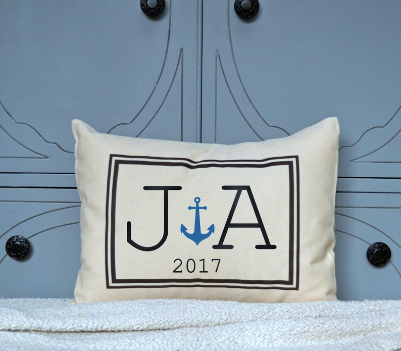 Anniversary gift, Anchor pillow, wedding gift, Cotton anniversary, 2nd Anniversary, decorative pillow, Nautical gift, Couples, monogram Cream