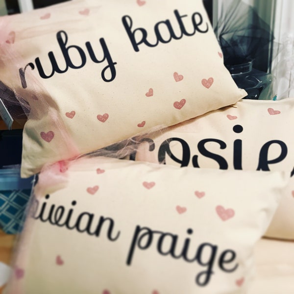 Personalized childrens pillow, hearts or stars, newborn gift, shower gift for new baby