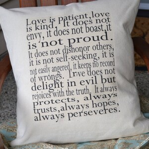 Love pillow, Anniversary gift idea, Religious gift, spritual gift, Wedding gift idea, Corinthians // Love is patient, Love is kind// Pillow image 5