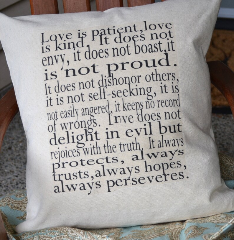 Love pillow, Anniversary gift idea, Religious gift, spritual gift, Wedding gift idea, Corinthians // Love is patient, Love is kind// Pillow image 5