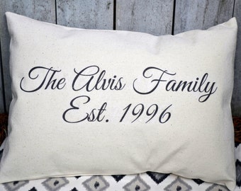 Personalized family Name pillow, 2nd anniversary, cotton anniversary, last name pillow, closing gift, trending now, best selling, new home