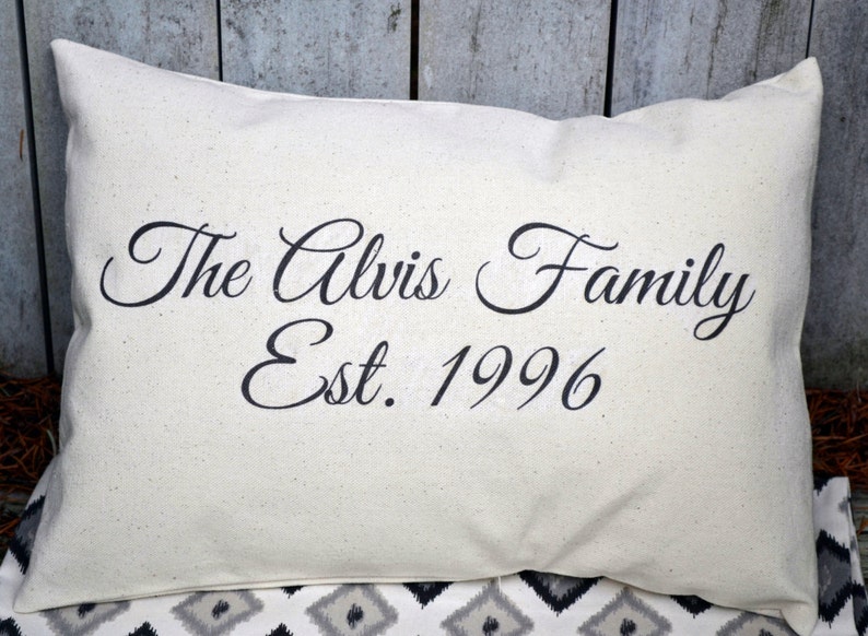 Personalized family Name pillow, 2nd anniversary, cotton anniversary, last name pillow, closing gift, trending now, best selling, new home image 1