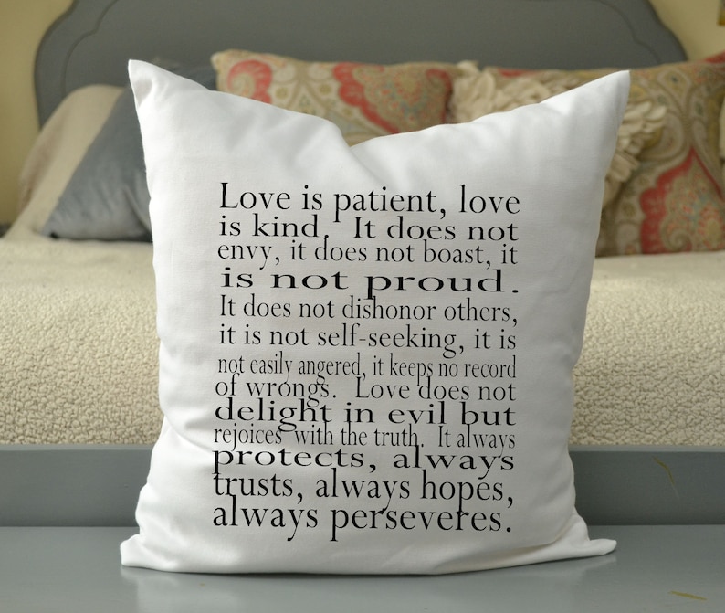 Love pillow, Anniversary gift idea, Religious gift, spritual gift, Wedding gift idea, Corinthians // Love is patient, Love is kind// Pillow image 7