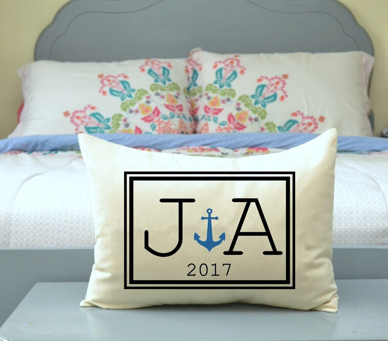 Anniversary gift, Anchor pillow, wedding gift, Cotton anniversary, 2nd Anniversary, decorative pillow, Nautical gift, Couples, monogram image 2