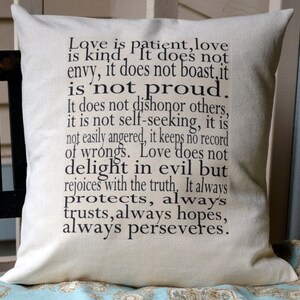 Love pillow, Anniversary gift idea, Religious gift, spritual gift, Wedding gift idea, Corinthians // Love is patient, Love is kind// Pillow image 4