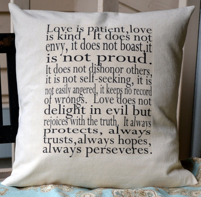 Love pillow, Anniversary gift idea, Religious gift, spritual gift, Wedding gift idea, Corinthians // Love is patient, Love is kind// Pillow image 4