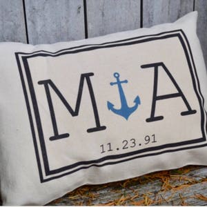 Anniversary gift, Anchor pillow, wedding gift, Cotton anniversary, 2nd Anniversary, decorative pillow, Nautical gift, Couples, monogram image 3