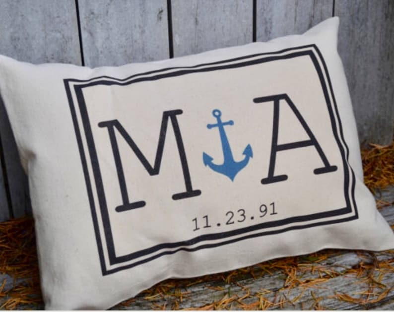 Anniversary gift, Anchor pillow, wedding gift, Cotton anniversary, 2nd Anniversary, decorative pillow, Nautical gift, Couples, monogram image 3