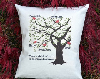 Grandparents Gift, Mother’s Day, grandchildren Family Tree, Birds pillow, red heart pillow, Christmas gift, ruby anniversary #