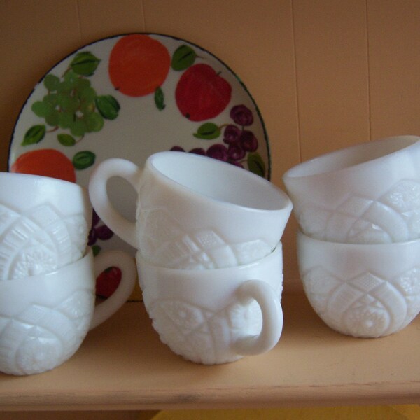 six beautiful design  milk glass cups