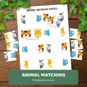 Pode incluir: Uma folha de atividades de quebra-cabeça de correspondência de animais com o texto ANIMAL MATCHING PUZZLE no topo. O papel branco apresenta fileiras de rostos de animais, incluindo tigres, zebras, girafas e elefantes.