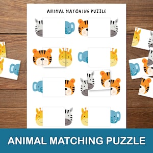 May include: A printable animal matching puzzle for children. The puzzle features a zebra, giraffe, tiger, and elephant. The puzzle pieces are cut in half and need to be matched together. The puzzle is titled "Animal Matching Puzzle".
