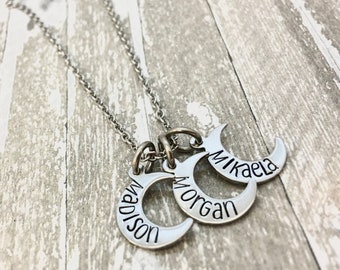 Engraved moon necklace, Moon jewelry, Hand Stamped Jewelry, Personalized Silver Necklace, moon necklace, Gift for Mom, Gift for Grandma