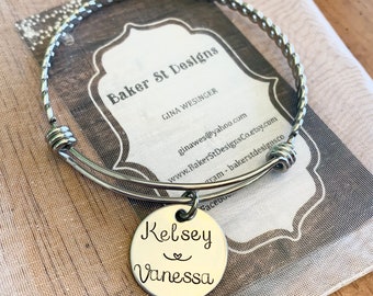 Engrave Godmother Aunt Bracelet, Hand Stamped Jewelry, Names Bracelet, Mom Bracelet, Family Bracelet - Expandable Wire Bangle
