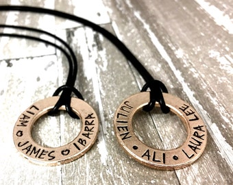 Men’s necklace, Fathers day, boyfriend, Engraved necklace, stamp 2 sides, kids names, bronze circle necklace, Custom Washer Leather Necklace